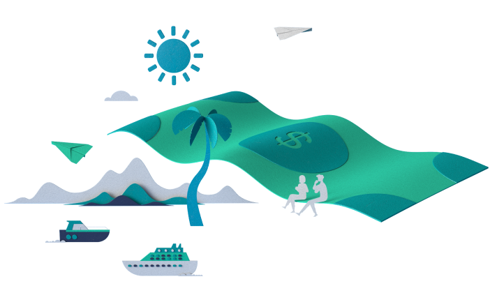 Two people sitting on a green big dollar bill that takes the shape of a cloud amonst a sky, mountains, palm trees, and boats,